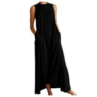 pgeraug jesenske haljine za ženske haljine za žene ležerne čvrste boje bez rukava, okrugli vrat duga suknja crna