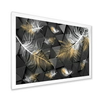 DesignArt 'zlatno i bijelo perje na trokutastim' modernim uokvirenim umjetničkim printom