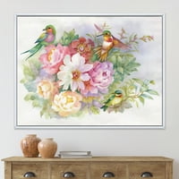 DesignArt 'šarene ptice i živopisne vintage cvjetove' tradicionalno uokvireno platno zidno umjetnički tisak