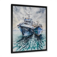 DesignArt 'plavi ribarski brodovi prije oluje usidrene' nautički i obalni uokvireni umjetnički tisak