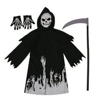 Dječji kostim za Noć vještica, fluorescentni otisak lubanje u stilu smrti, duga haljina s dugim rukavima + rukavice
