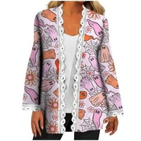 2. T / ženska modna ležerna čipkasta jakna s dugim rukavima s printom za Noć vještica ženski ružičasti kaput od