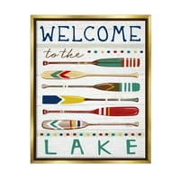 Stupell Industries Lake Welcome Sign prugasto vesla grafička umjetnost Metalno zlato plutajuće uokvireno platno