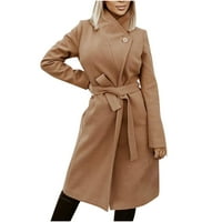 Ležerna jakna od kaputa od kaputa s remenom i reverom od vunene tkanine, kaki duga gornja odjeća, veličina e-mail