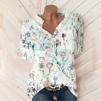 Ljetni vrhovi za žene, majice kratkih rukava s podijeljenim dekolteom, elegantne bluze s cvjetnim printom s džepom