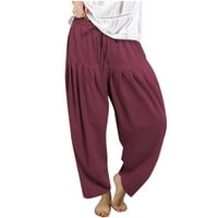 Ylioge dame ljetne hlače obrezane čvrste boje Ravne udobne hlače Pozrnanje lanene dnevno nošenje vrećice Pantalones