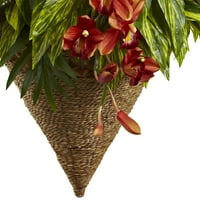 Viseća sadilica izrađena od gotovo prirodne crvene i zelene plastike pomiješane s tropskim biljkama i cimbidijem