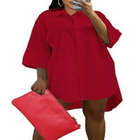 Avamo Women Mini haljina košulja košulja za vrat solidne boje Summer Beach Sundress dame seksi zabava crvena s