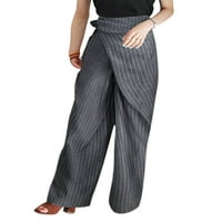 Ženske prugaste hlače s visokim strukom, ravne hlače za odmor, hlače za plažu s džepovima na vezanje, sive 5 inča
