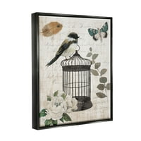 Vintage ptičji kavez leptir Cvjetni natpisi grafička umjetnost Jet crno platno s plutajućim okvirom zidni tisak,
