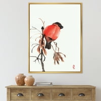 DesignArt 'Red Bullfinch ptica koja sjedi na grani' tradicionalno uokvireno platno zidne umjetničke tisak