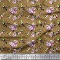 Satenska svilena tkanina s cvjetnim otiskom kolibrića, lišća i ruža širine dvorišta