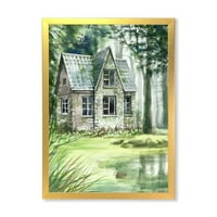 DesignArt 'stara ukrcana kuća u borovoj šumi' Kuća jezera uokvirena umjetničkim printom