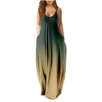 Ljetne haljine za žene duga sunčana Haljina Bez rukava modna haljina s printom na naramenice tamno zelena 3 inča