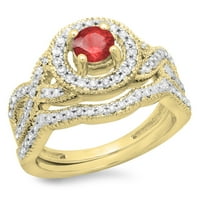 Kolekcija DazzlingRock 14K okrugli rubin i bijeli dijamantni dame vrtloge zaručnički zaručnički prsten set, žuto