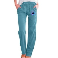 Samickarr lanene hlače za ženske poslove casual hlače tiskanje ravne noge elastične elastične labave hlače s džepovima