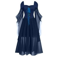 2-Vintage Maksi haljina dugih rukava jesenske ženske kostime za Noć vještica s četvrtastim vratom plava Veličina