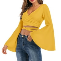 Rasprodaja ženskih vrhova u donjem dijelu-seksi ošišane bluze s dugim rukavima, novi dolazak, majice u žutoj boji