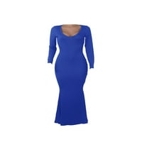 Ženska pripijena haljina s dugim rukavima, jednobojna, seksi, s izrezom u obliku inča, plava,2 inča