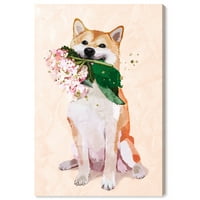 Wynwood Studio životinje zidne umjetničke tisak 'Shiba s cvjetovima' psi i psići - narančasta, zelena
